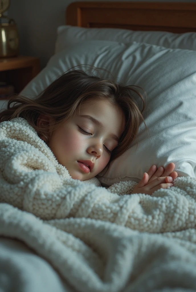 (Pixar 1.25 style) Portrait of a little girl asleep, with the blanket and a teddy bear on the side