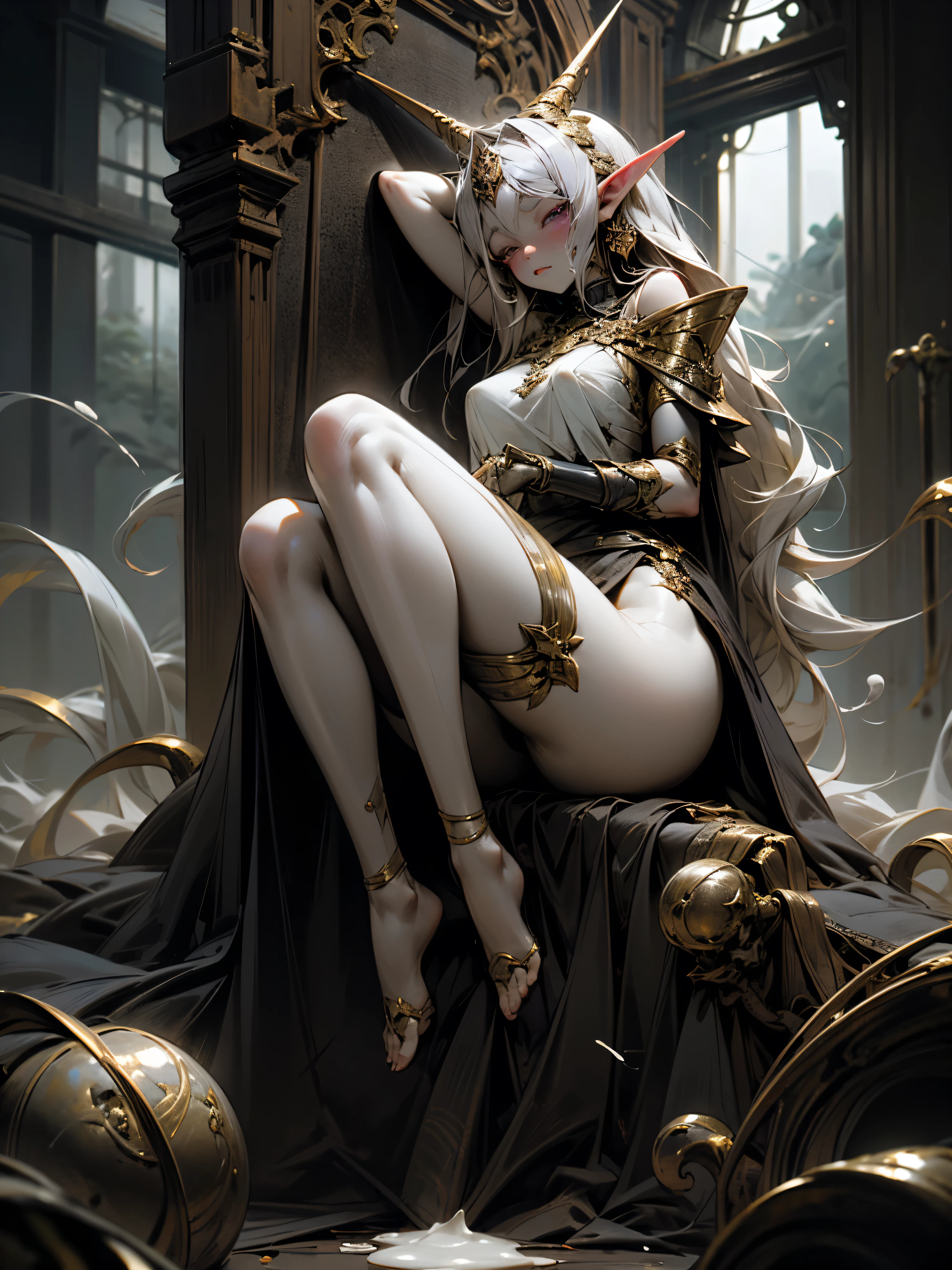 (naked, masterpiece, Best quality, Ultra detailed), 1 girl, RosehipLoL, White skin, kana, short hair, pointed ears, sharp teeth, wives, Looking at the viewer, legs, подробные legs, sitting, ((See below))
