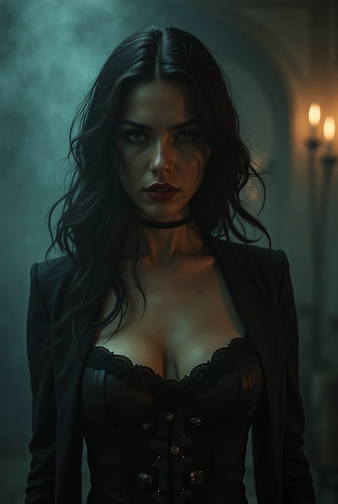 Ghost woman, long black hair, hair over one eye, goth makeup, smile, low cut strapless dress, large breasts