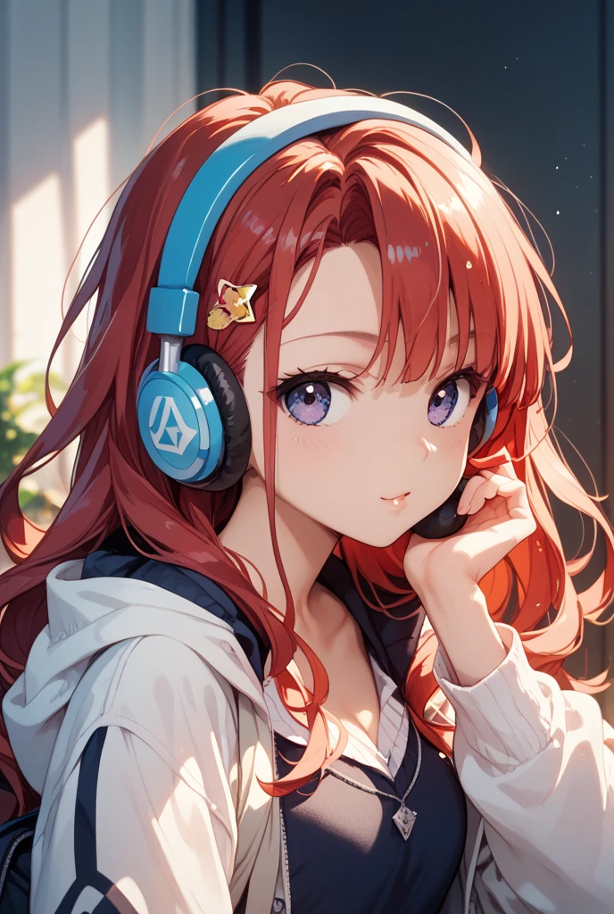A beautiful young woman with shoulder-length red hair, blue colored eyes, blue dress and wearing black headphones