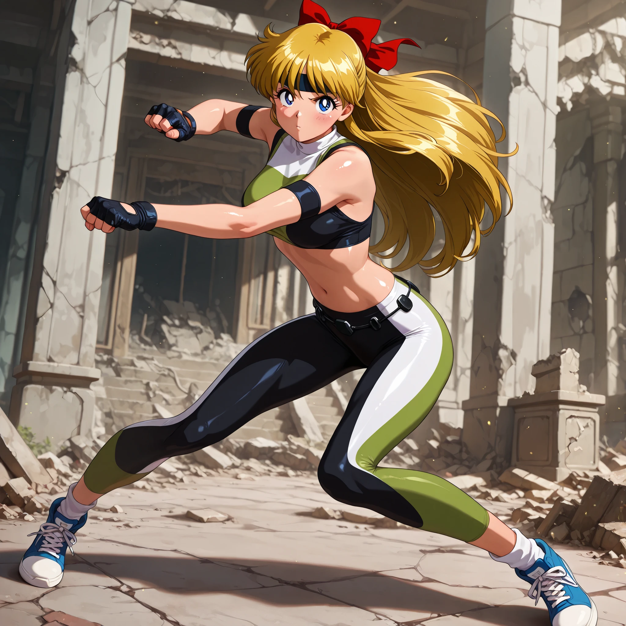 masterpiece, amazing quality, best quality, ultra-detailed, 8K, illustration, clear skin, ultra-detailed-eyes, soft skin, very awa, very as2, shiny skin, shiny hair, soft body, 90's style, official art, minako aino, blonde hair, blue eyes, hair bow, half updo, long hair, headband, sleeveless turtleneck, multicolored turtleneck, armband, midriff, fingerless gloves,waistband, multicolor leggings, socks, Sneakers, ruins chinese temple, mk3, fight pose