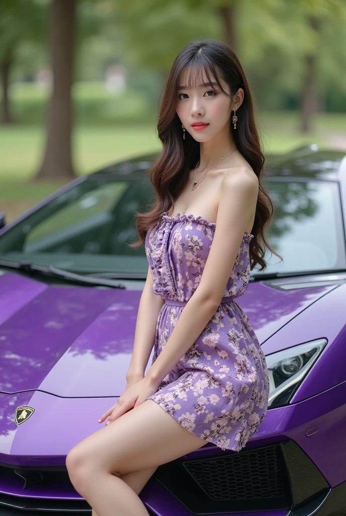 High quality image of a beautiful Korean woman with long black hair and bangs on her forehead, looking elegant and charming, wearing a bright green sexy dress, wearing complete jewelry accessories, earrings, sitting in a city park outdoors, overlapping her legs sexily, wearing white high heels and a shiny purple Lamborghini Aventador car.