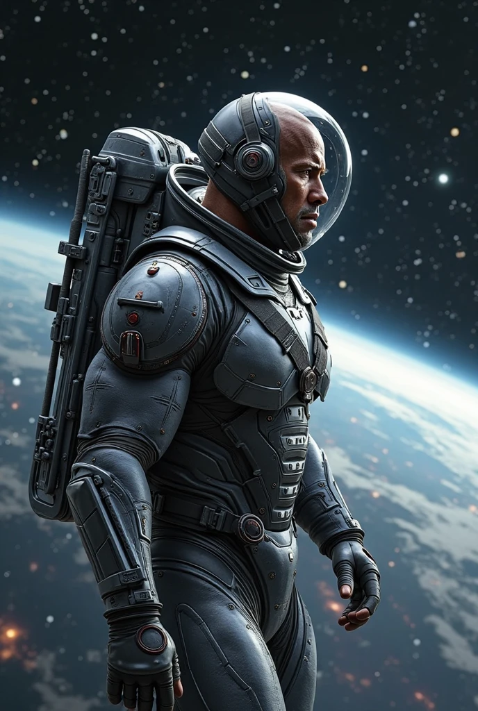 a realistic handsome naked muscular athletic bald man wearing a revealing transparent black and white uniform and jockstrap, as a future astronaut space trooper in a spaceship, dynamic pose, full body image, dynamic pose, seen from a low angle