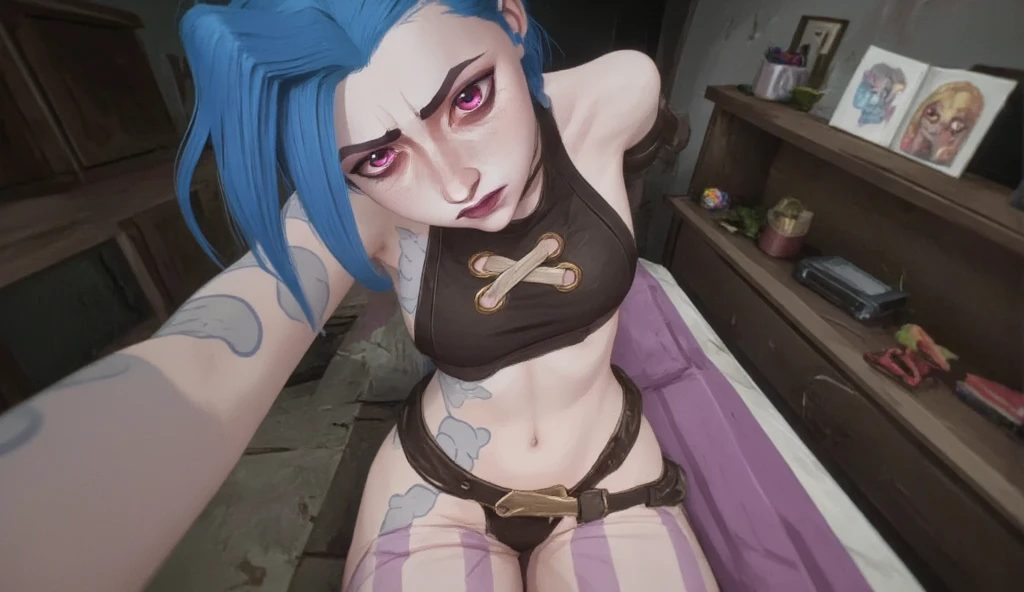 beautyful woman, gothic, mature woman, tattoos in whole body, slim body, slender body, long sidecut hair, lilac hair, long hair, black lipstick, facing a bathroom mirror, naked, sad, cyberpunk room, facing herself