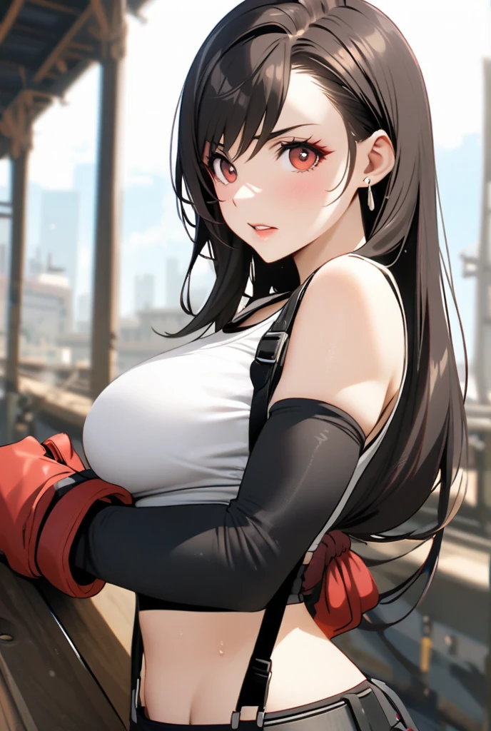 (score_9,score_8_up,score_7_up), masterpiece, best quality,
newest, recent, perfect anatomy,
official art, best perspective, depth of field,
very aesthetic, illustration, perfect composition,
from_anime, anime screencap, (from front.front_view ,(soro focus), posing,straight-on,,,(upperbody:1.3),looking_at_viewer ,1girl, tifa lockhart, Final Fantasy, (official style), (Tifa Lockhart, solo),, long hair, earrings, red eyes, no puffy eyes, black hair, looking at viewer, parted lips, tank top,((stomach)), swept bangs, lips,navel, suspenders, bare shoulders, bangs., simple background,,hands on hip ,(large_breasts)