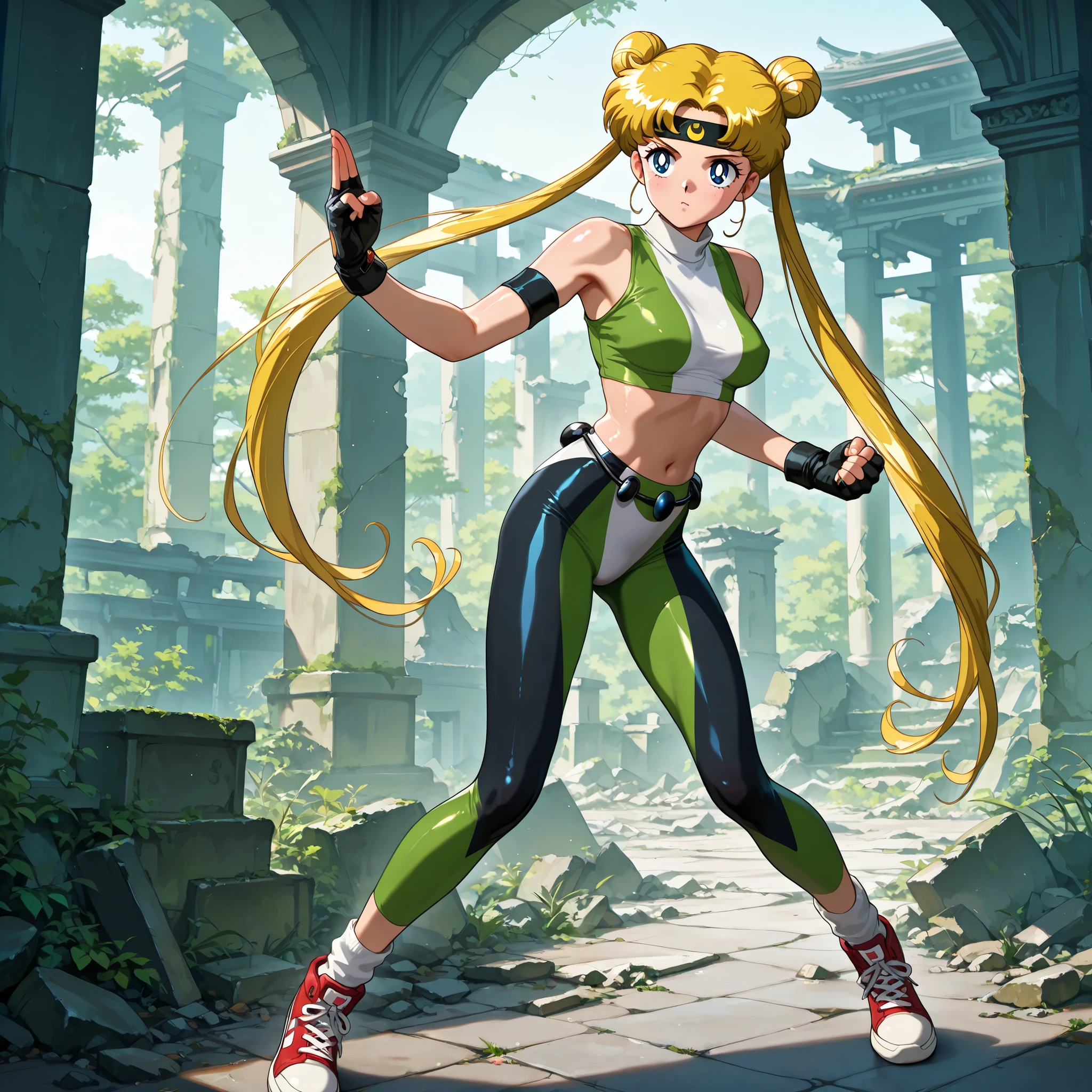 masterpiece, amazing quality, best quality, ultra-detailed, 8K, illustration, clear skin, ultra-detailed-eyes, soft skin, very awa, very as2, shiny skin, shiny hair, soft body, 90's style, official art, usagi tsukino, blonde hair, blue eyes, double bun, hair bun, long hair, twintails, parted bangs, headband, sleeveless turtleneck, multicolored turtleneck, armband, midriff, fingerless gloves,waistband, multicolor leggings, socks, Sneakers, ruins chinese temple, mk3, fight pose