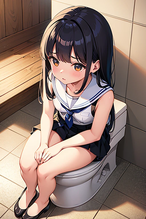 Masterpiece、8K、beautiful girl,toilet、Sailor suit、Clearly defines the overall facial contours,Depict the whole body,Beautiful posture,Hair is purple、Sweat、Oily skin、Twin tails、Fine skin、sneakers、Looking up、blush、skirt、Stretching out the tongue、Sit on a chair、Open your mouth wide、Muscular belly