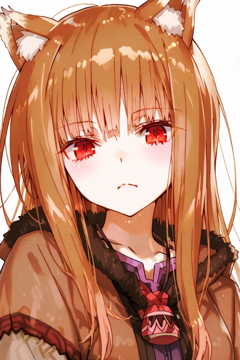 Score_9, Score_8_up, Score_7_up, Score_6_up, Score_5_up, Score_4_up, source_anime, anime style, anime screencap, 1girl, holo, brown hair,long hair,red eyes, wolf girl,wolf ear,wolf tail, cum on face, :3