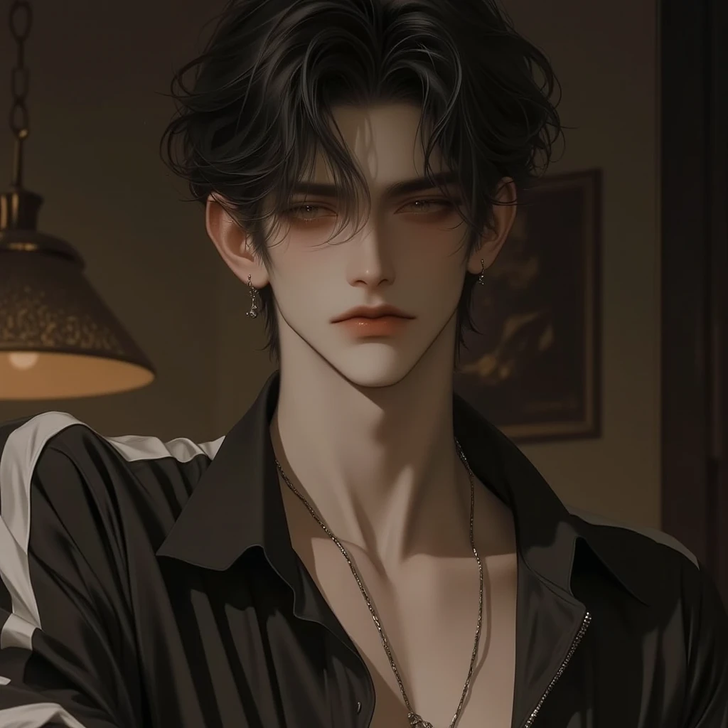 1 boy, portrait, earrings, One,lips, male focus, amber eyes, I look at the viewer,shoulder length black shaggy hair, long hair, closed mouth, high и худой, but a muscled guy in a cage in chains. Torn white clothes. Guy 20 years old. Broad shoulders and pumped up, but skinny torso. high. Beautiful. Golden eyes with cat pupils. fluffy cat ears. Fantasy world.animal ears, fluffy cat ears, yellow eyes, short hair, Hair in front of ears, accuracy, a high resolution, masterpiece, realistic anatomy, Best quality, high quality, very detailed,