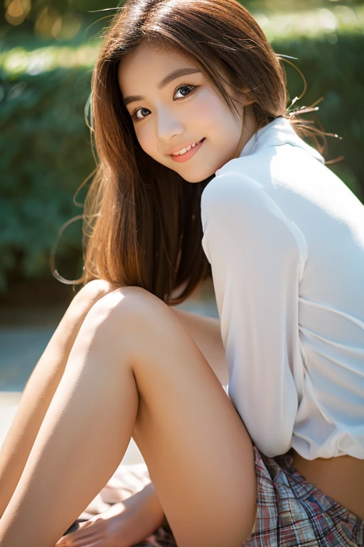 Pure Young Japanese Girl, wearing loose summer fashion, high heels, In the summer sunshine, Sitting, No makeup, Natural short Hairstyles, Sexual attraction, sexual temptation, sexual smile, natural body, beautiful legs, hair is fluttering in the fresh wind, lift up skirt, (panty), Professional Portrait Photography、