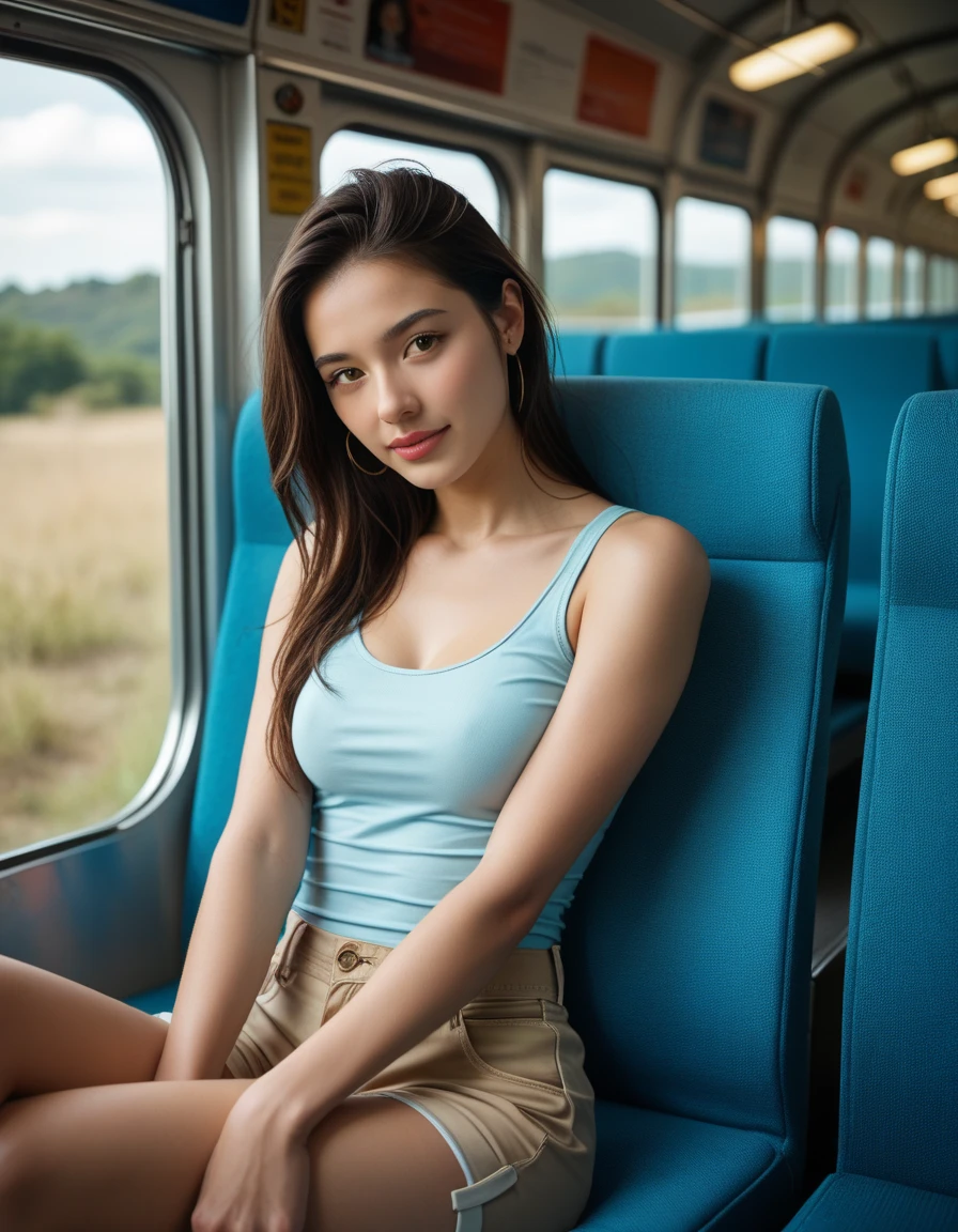 Génère une photo ultra réaliste, d'une jeune femme de 25 ans, brune, short en jeans, chemise en lin, lumière naturelle, vêtement réaliste, assise à table, sur le pont d'un voilier, la mer est très réaliste, la jeune femme regarde son téléphone, la photo est prise de 3/4 face