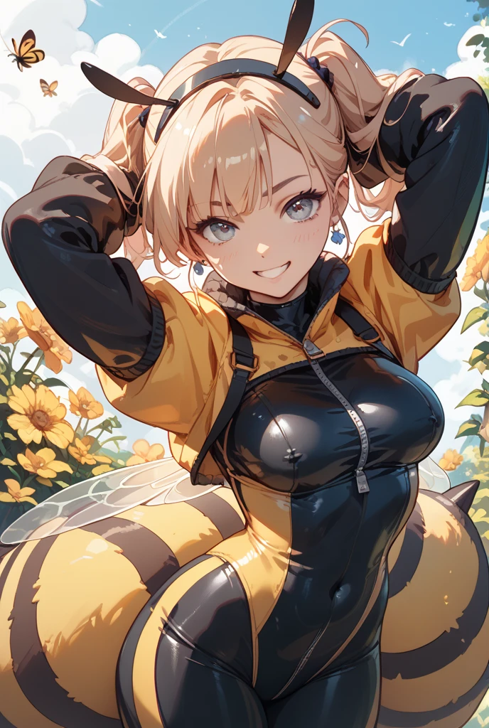 Girl, bee, short yellow hair, yellow eyes, striped bee costume, big breasts, exposed belly, short skirt, blue background