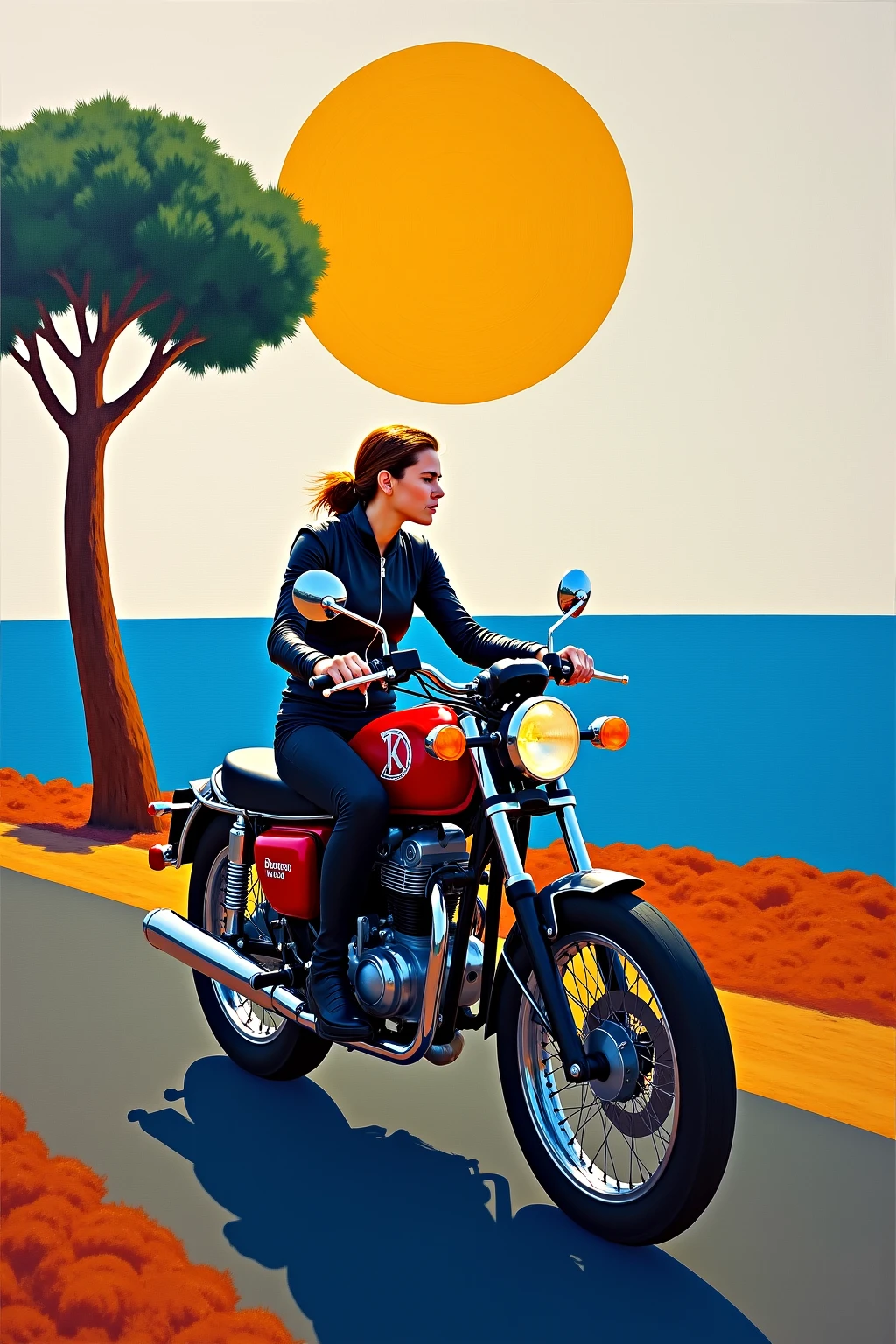 A woman riding a motorcycle on a coastal road,black leather jacket and shirt with a tree on a white background,tight black pants,Oil painting imitating Pablo Picasso,Like drawing with paint,Living Sun,vibrant colors,A monotonous but beautiful picture,Oil painting ,A technique for expressing beauty with lines and surfaces