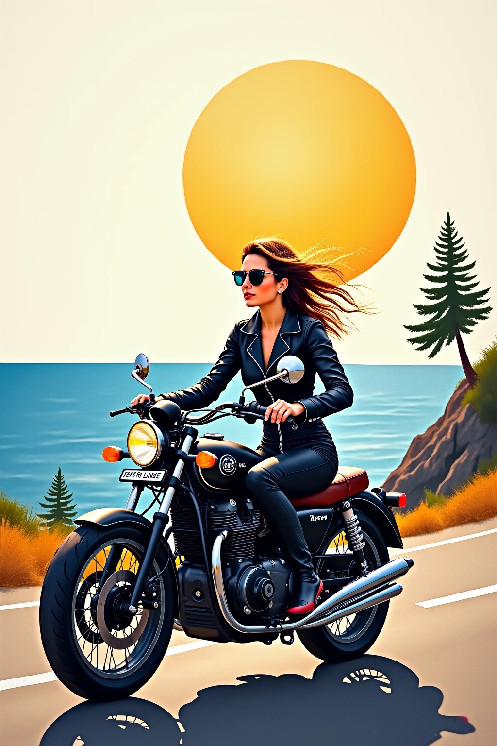 A woman riding a motorcycle on a coastal road,black leather jacket and shirt with a tree on a white background,tight black pants,Oil painting imitating Pablo Picasso,Like drawing with paint,Living Sun,vibrant colors,A monotonous but beautiful picture,Oil painting ,A technique for expressing beauty with lines and surfaces