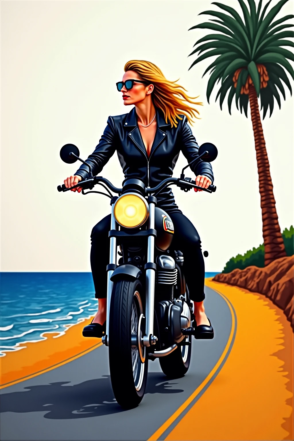 A woman riding a motorcycle on a coastal road,black leather jacket and shirt with a tree on a white background,tight black pants,Oil painting imitating Pablo Picasso,Like drawing with paint,Living Sun,vibrant colors,A monotonous but beautiful picture,Oil painting ,A technique for expressing beauty with lines and surfaces