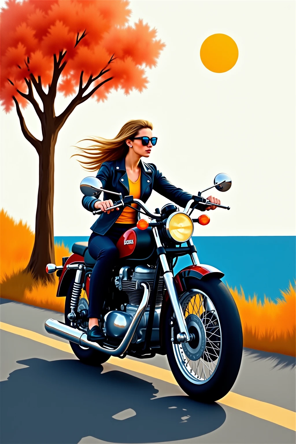A woman riding a motorcycle on a coastal road,black leather jacket and shirt with a tree on a white background,tight black pants,Oil painting imitating Pablo Picasso,Like drawing with paint,Living Sun,vibrant colors,A monotonous but beautiful picture,Oil painting ,A technique for expressing beauty with lines and surfaces