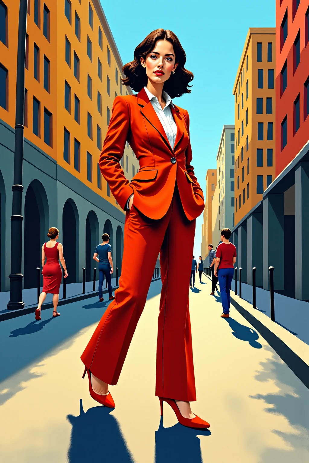 A picture that looks like it was drawn by hand,paint,A woman wearing a stylish and beautifully colored suit in the middle of the city center,Pablo Picasso's paintings,A monotonous yet artistic painting with lines and cotton, which is a good representation of a beautiful woman who is clunky yet alive,is a good expression of a beautiful woman who is clunky yet alive,full body illustration,vibrant colors,Artwork ,