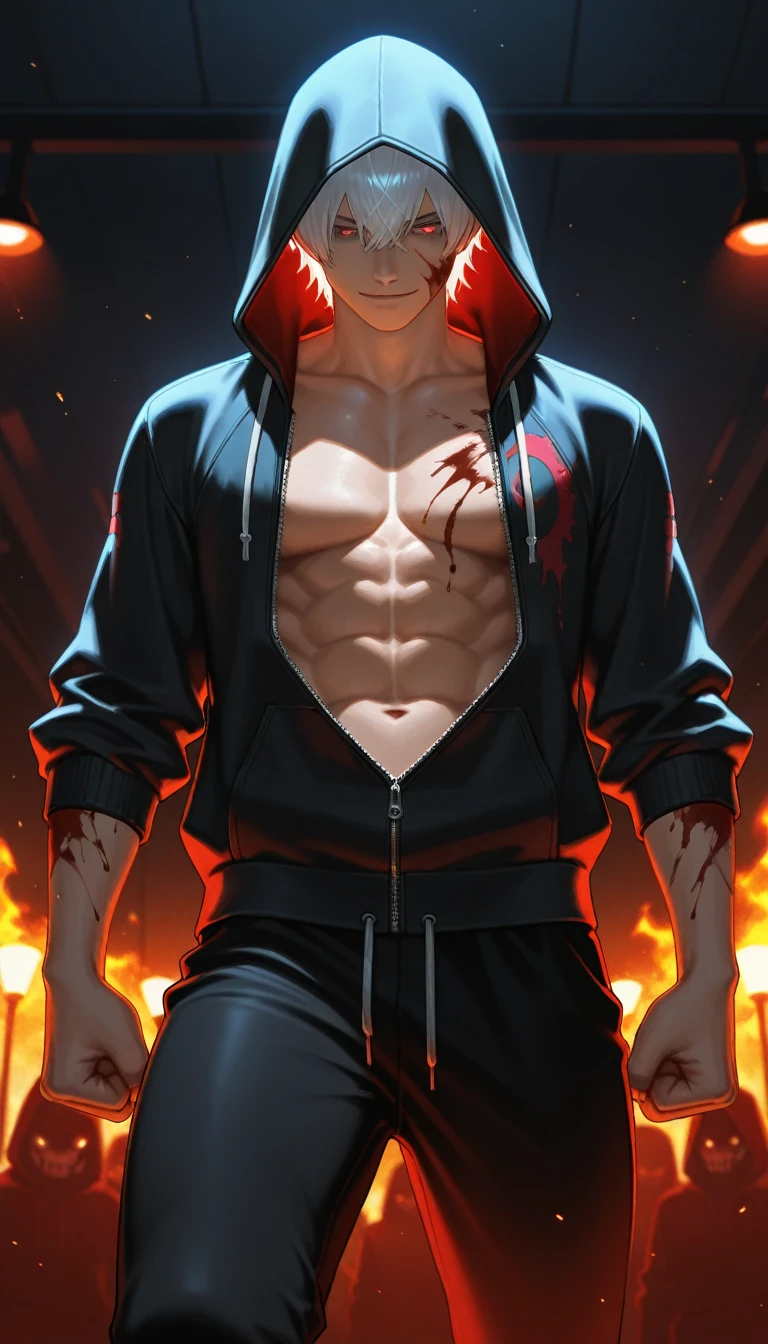 highest quality, 8K, high resolution image, anime style Jujutsu Kaisen, (Gilgamesh | Fate), detailed strokes, bored look , blurred, purple light reflecting from it, (close angle), 1 man, young, male, model, hand in pocket, cool guy, multicolored Background with various geometric shapes, around stickers, muscular, Blue hair, Hairstyle, Hairstyle:Undercut, Red eyes, short Hair, Blue hair, highlighted hair ,swollen chest, He is wearing a black sportjacket and black sweatpants, Black Sportjacket, black sweatpants and a gold link chain, sweatpants, Background: Room,