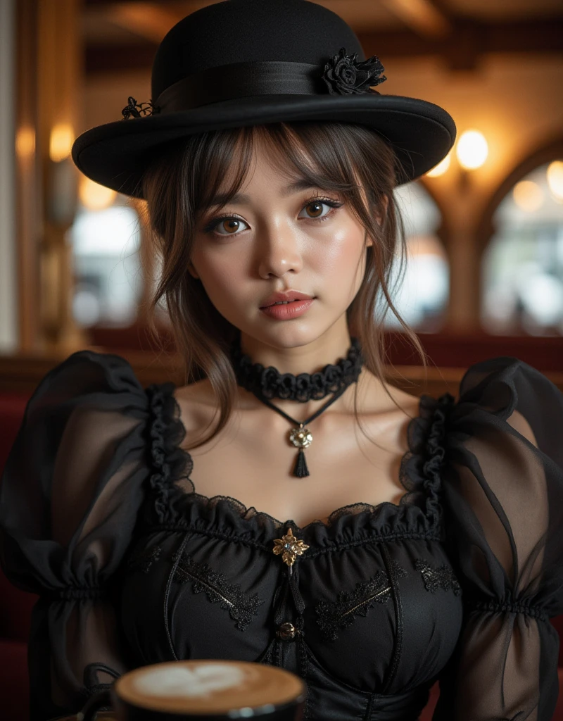 (Close-up portrait), lifestyle photo of a (jet-black hair:1.3) Deluxe_Lara_Lang, 20 year old woman, (stacked bob-cut:1.3) with Bowl cut with bangs hair, pale skin, wearing frilly Gothic dress imported from Japan by Moi-meme-Moitie, her dress is worth a few thousand dollars, <lora:edgGothGal_MINI:1>, 1 solid black silk bow on-top of her head, ((dress has (ornate black lace trim, ruffles, frills, bows, applique of crosses, embroidery)) standing straight to the camera, (upper body shot:1.3), insanely detailed and intricate, character, hypermaximalist, elegant, ornate, beautiful, exotic, revealing, appealing, attractive, amative, eye level camera angle, Sony Alpha 9 III, 35mm, in style of Steve McCurry, ((bokeh, DOF, hyper realistic, super detailed, masterpiece, 8k)), <lora:colorize:0.8>, <lora:epiCRealismHelper:1.1>, <lora:add_detail:1.3>, seated at ye olde teahouse in France, French rococo furniture and furnishings, <lora:Background Detail Enhanced_Si_v3.0:1>