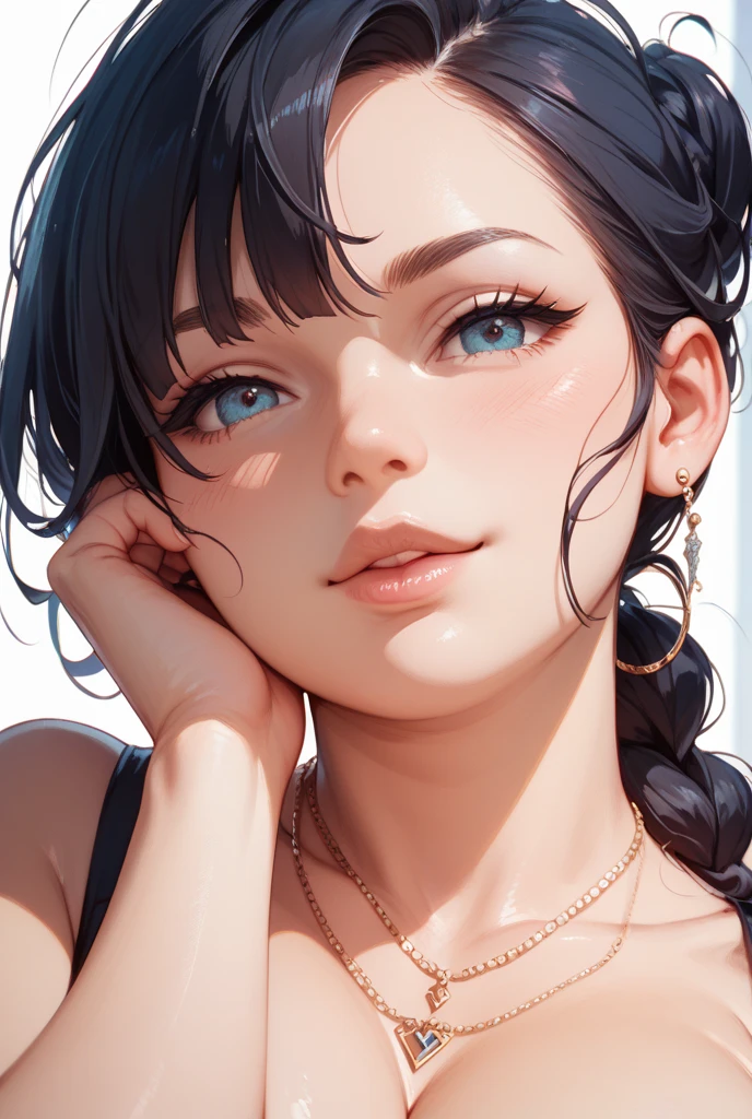 (masterpiece:1.2, best quality), (Realphotos, Crafted with meticulous precision), solo, 1milf, home, close-up face,White non-marking underwear, (front focus), large circle earrings, looking at me, Seductive eyes,huge boob,Air bangs