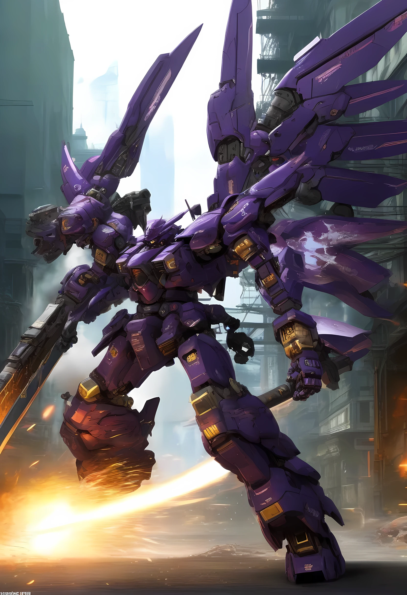 concept art of (zeon:0.4), (MRS:1.2), (ARMOREDCORE:0.8) , (very biggest size mecha:1.6), digital artwork, illustrative, painterly, matte painting, highly detailed, long hair,dark purple hair, ((messy hair)), hair over one eye, (hair over right eye), sharp face line,petite,( android,mechanical arms,cyborg,robot joints,mechanical parts),(slim body),(dark purple body ) , gargantuan mechanical gauntlets, holding a mechanical scythe ,glowing green mechanical scythe, steampunk ,attack,ruins city,dynamic pose,dynamic angle 