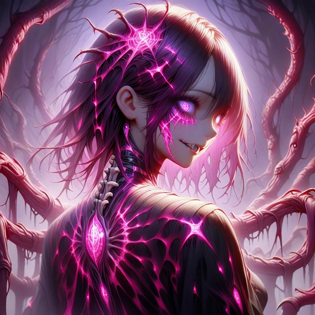 masterpiece, best quality, 1 girl,   upper body, skinny, grey eyes, ghost, spirit (transparent skin:1.6), (visible veins and arteries), eerie, glowing skin, (profiles:0.5), dynamic poses, high saturation, evil grin, scary, <lora:Shiro Masamuneloha:0.8>, spirit effects, flashing effects, sidelit,  <lora:add_detail:1>, slimey, gooey, <lora:coloredSkin-08:1>, leather spikey patches,
