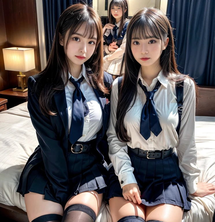 muster piece, best quality, illustration, Super detailed, fine details, High resolution, 8K,wall paper, perfect dynamic composition,(Details High quality, realistic depiction of eyes:1.3), ((2 girls, 2 schoolgirls)), The background is a luxury hotel room、High school girl uniform、blazer 、Super Short Check Uniform Skirt、Navy blue high socks、garterbelts、Colossal tits、Disturbed uniform, Play with each other,Touching each other's bodies,Touching the body of the girl next door, short bob hair, black hair color, huge breasts, Big Natural Color Lip, bold sexy pose, (perfect body shape), crying a little、cold gaze, Harajuku style、Beautiful makeup,glitter makeup,Cutest 18 years old, beautiful legs, hposing Gravure Idol, Voluptuous thighs