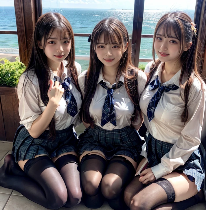 (Highschool girls inside suite room:1.4, , cute faces:1.5, triangular face, sitting on gorgeous bed), looking at viewer, ((embarrassed:1.3, smile:1.1)), shy smile, open mouth, silky skins, natural makeup, glossy lips, group shot, (sexual suggestive:0.7), (identical school uniform:1.5, white shirt open chest, see through , both hand on breast:1.24), (naked :0.2), (3 girls:1, perfect style, full body), ((slender body)), (pleated plaid skirt, show panties), (raw photo:1.4),(( legs wide open, ribbons, pantyhose:1.2)), (gentle light, 16k wallpaper, raw photo, idol), BIBE, (wide window with ocean scenery, expensive furniture:1.3, sheets on floor:1.4, flowers in planter), (very huge round breasts)