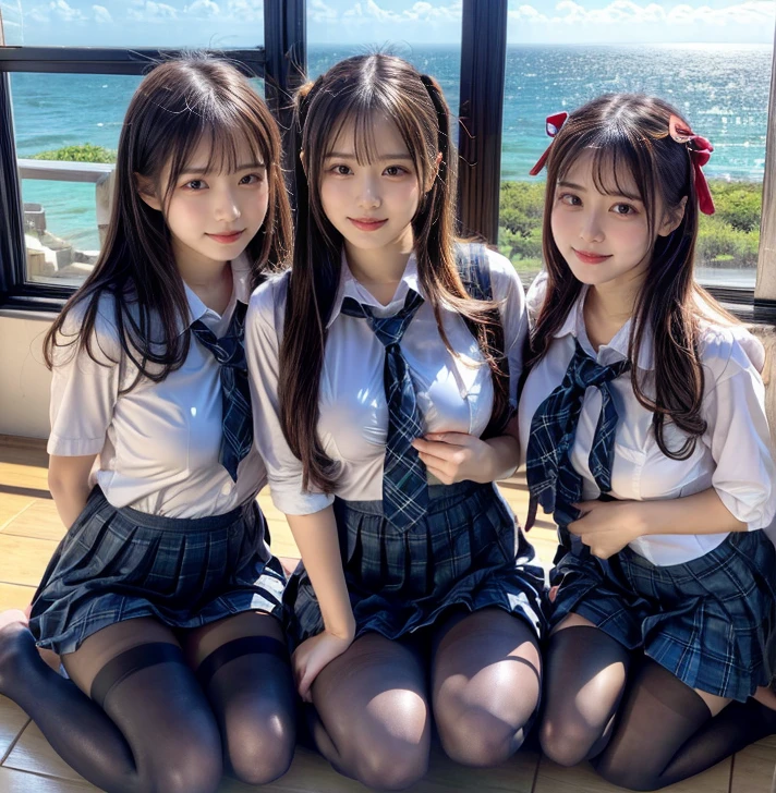 (Highschool girls inside suite room:1.4, 17 years old, cute faces:1.5, triangular face, sitting on gorgeous bed), looking at viewer, ((embarrassed:1.3, smile:1.1)), shy smile, open mouth, silky skins, natural makeup, glossy lips, group shot, (sexual suggestive:0.7), (identical school uniform:1.5, white shirt open chest, see through , both hand on breast:1.24), (naked :0.2), (3 girls:1, perfect style, full body), ((slender body)), (pleated plaid skirt, show panties), (raw photo:1.4),(( legs wide open, ribbons, pantyhose:1.2)), (gentle light, 16k wallpaper, raw photo, idol), BIBE, (wide window with ocean scenery, expensive furniture:1.3, sheets on floor:1.4, flowers in planter) 