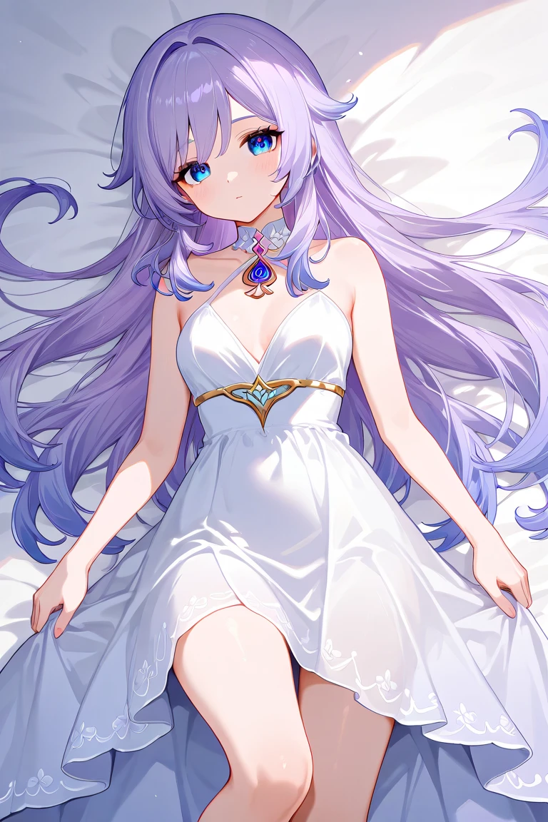 ((masterpiece)), best quality, highres, original, extremely detailed 8K wallpaper, world masterpiece theater,(This is a romantic scene, depicting a sleeping maiden, immersed in an ocean of stars. The young girl lies within a vast expanse of starry sky, surrounded by countless stars and nebulae, all shimmering with enchanting radiance. She wears a delicate white gown, resembling gossamer, which lends her an ethereal and dreamlike appearance. Her long hair cascades effortlessly amongst the stars, infusing the entire scene with an air of mystique and romance. Dominated by shades of purple and white, the artwork conveys an atmosphere of elegance and tranquility. Exquisitely detailed and refined, the piece flawlessly presents the enchanting scene of a beautiful maiden asleep amidst the celestial realm.),(partial skin exposure:1.2),(oily skin:1.3),(reflective skin:1.1), (Aestheticism Painting),