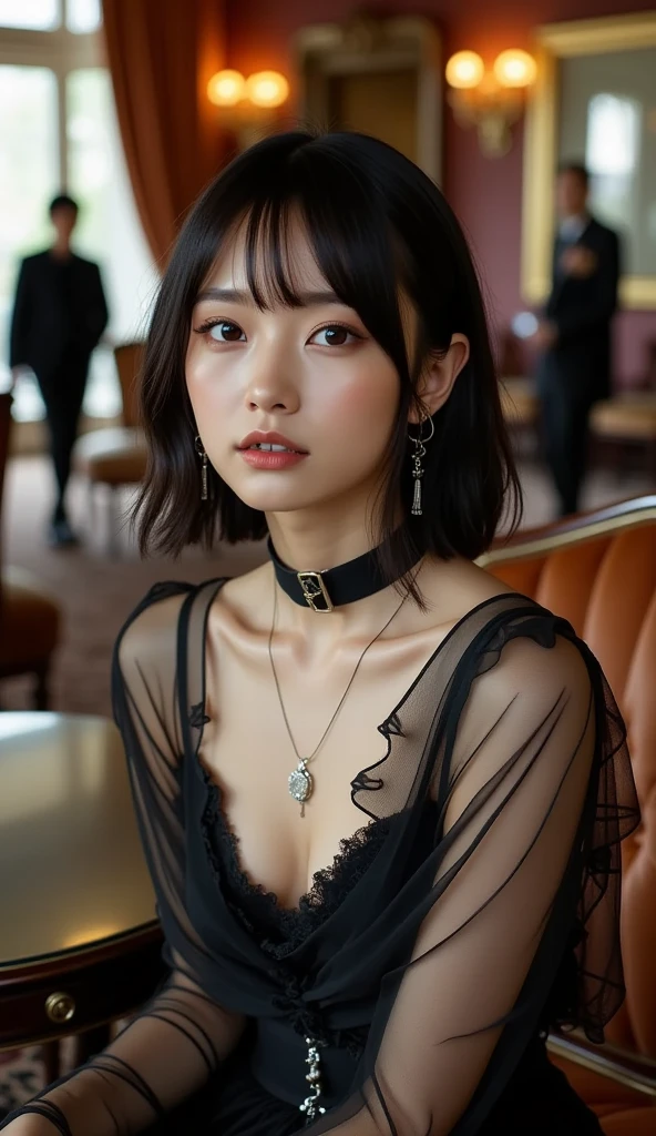 A girl,Twenty generations,cute and pretty face,Black long straight hair,Long bangs cover the eyes,Long eyelashes,(Beautiful eyes),Small Eyes,upturned eyes,(dark red lipstick),(Gothic dark eye makeup),slim,Slender limbs,Black Spaghetti Strap Dress,Inside the old railway station,Shallow depth of field,Extremely detailed face,Very beautiful face,High quality skin,