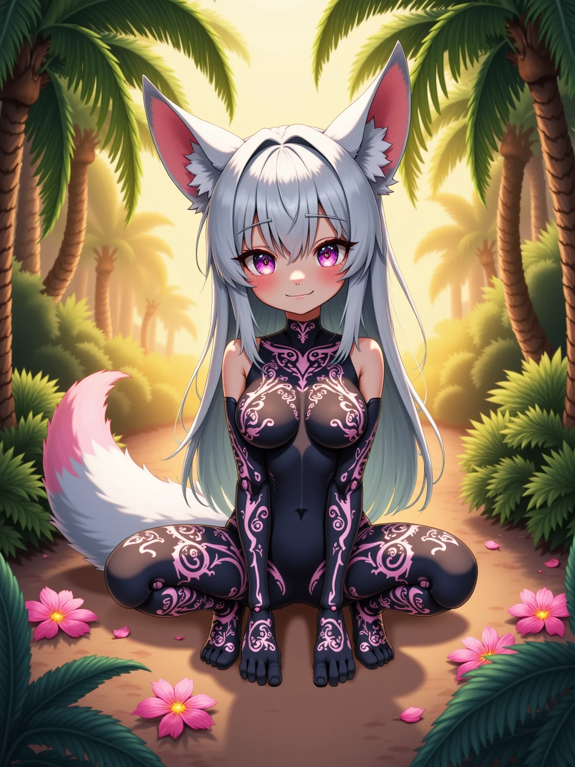 (rear shot) (bend over), (detailed snout and eyes:1.3), Masterpiece, perfect, highly detailed, furry, Anthro, (adult), ( 4 female), (adult cat girl), (fluffy fur:1.2), (pink fur:1.3), 1 cat tail, (fluffy cat tail), (silver long hair:1.6), (hair over one eye:1.2), (silver cat ears:1.6), (teal cat eyes:1.2), {cat's pupil}, medium breasts, wearing a black collar, comfy clothes, (wearing a long elegant and intricate fishnet body suit :1.4), {pink g string :1.2}, frills, (silk white gloves), (silk white thigh-highs socks), elegant garden scenery, caressing flowers, smiling, right angle view, standing, showing nipple, wet pussy, rear view ,from below, spreading ass,