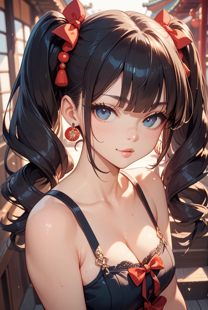 Mature women,Black long hair,Hair up,Red Hanfu,Showing cleavage,Show your shoulders,Beautiful black eyes,Extremely detailed,high resolution,Simple background