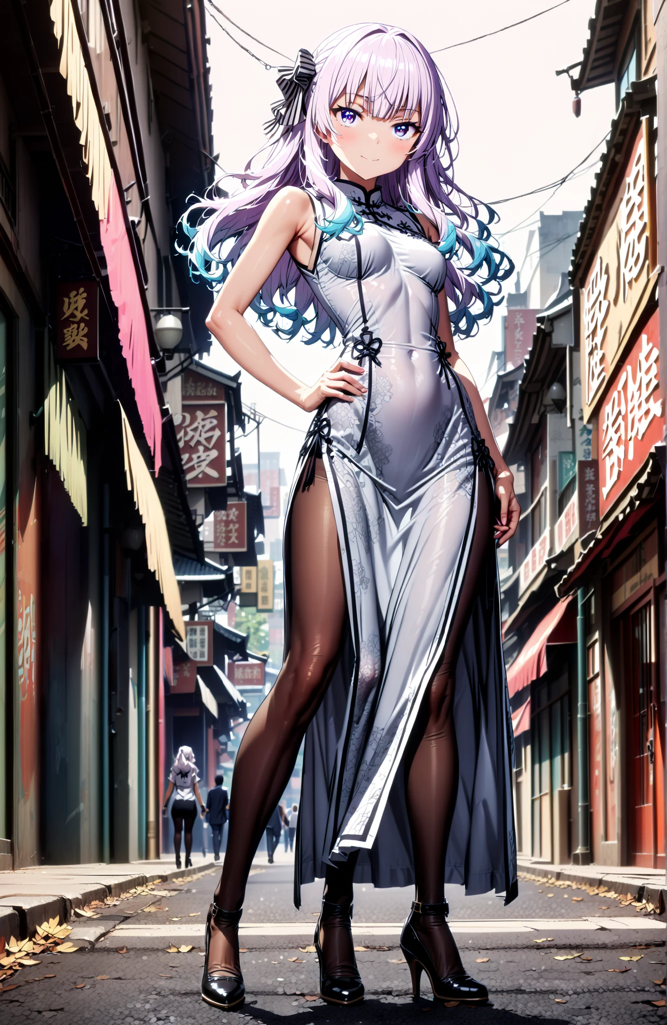 Sakayanagi Alice, long hair, solo,bungs, PURPLE EYES, white hair, blunt bungs,White Chinese clothing,long slit,sleeveless,black pantyhose,pin heels,standing,Grab your hips with your right hand,smile,blush,mouth,angle from below,full bodyがイラストに入るように,in their 40s looking at viewer,full body,
in their 40s outdoors,Chinatown,
in their 40s (masterpiece:1.2), best quality, high resolution, Unity 8Kの壁紙, ( illustration :0.8), (beautiful detailed eyes:1.6), Highly detailed faces, perfect lighting, very detailed CG, (perfect hand in h, perfect anatomy),