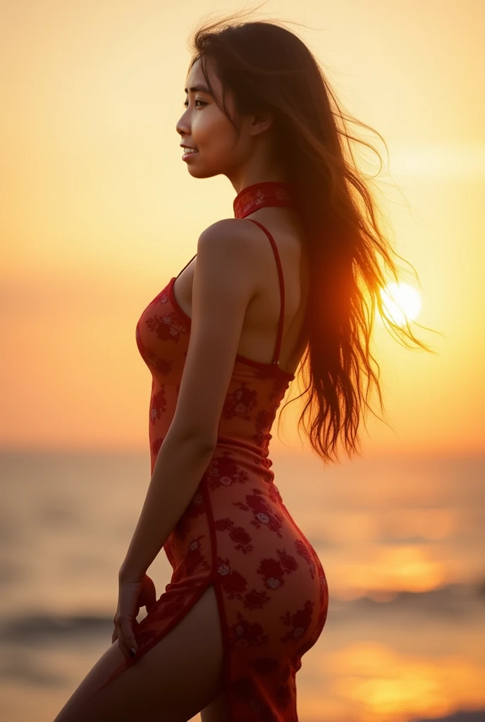 woman in the sunset, smiling, passionate, wearing sexy dress