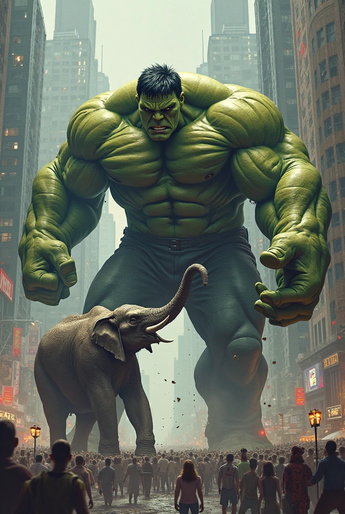 Hulk ride elephant in neon pink city around people