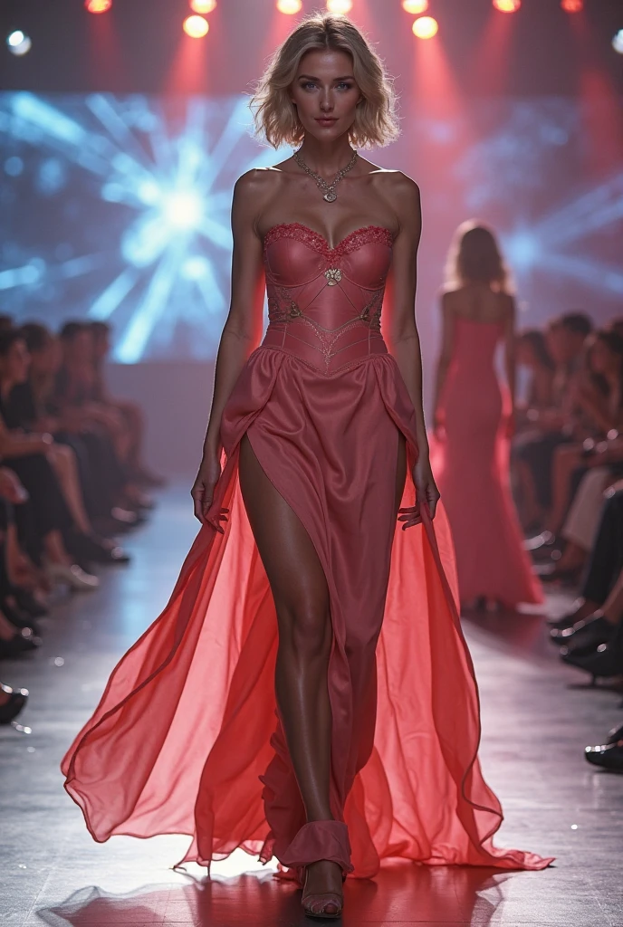(Goddess of Fashion:1.4), an elegant and regal figure, embodying the epitome of style and grace, (dressed in a stunning haute couture gown that combines modern design with timeless elegance:1.2), (the gown features intricate embroidery, shimmering fabrics, and a flowing silhouette:1.2), (her accessories include a crown of jewels and a necklace that glows with a soft, radiant light:1.2), (she stands confidently, striking a powerful pose on a runway surrounded by an aura of luxury and sophistication:1.2), (her expression is poised and commanding, with piercing eyes that reflect her authority in the world of fashion:1.2), (background of a high-end fashion show, with a glamorous audience and flashing lights:1.2), (rich, vibrant colors, with a focus on gold, silver, and deep jewel tones:1.2), (perfect image quality:1.4), (intricate details, sharp focus, and a dynamic composition that highlights her status as the ultimate fashion icon:1.2), (a sense of movement in the fabric, as if caught in a breeze:1.2), (exquisite textures and patterns that elevate the overall aesthetic:1.2)
