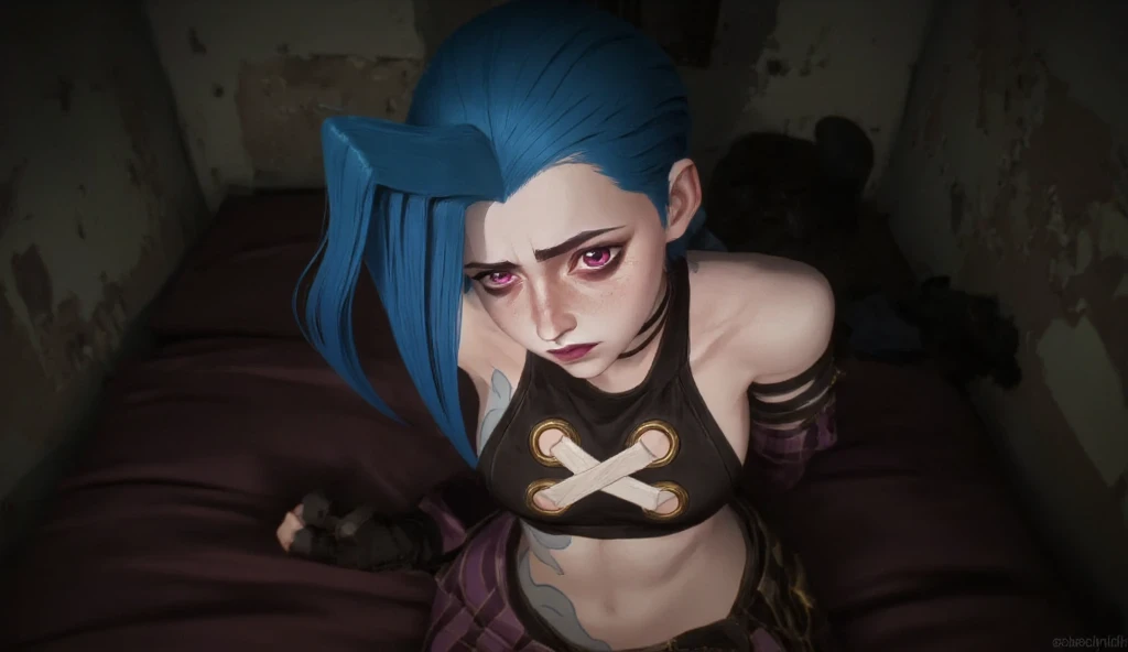 check_9, check_8_ up, check_7_ up, Jinx, , , , очень уально,  , woman with blue hair and black top, Facing the viewer,  , , , , (top view:1.2.), (( Facing the viewer : 1.2.)), ((hedgehog hairstyle  : 1.2.), short Hair, asymmetric bangs, voluminous short hairstyle,  current makeup , without tails  , voluminous hair slim figure, black top, tight striped pants ,, red and pink eyes , hair is loose, 1girl, One, long hair, shiny, gradient background ,  dark walls  , dark room, darkness, darkness,  ruined room,