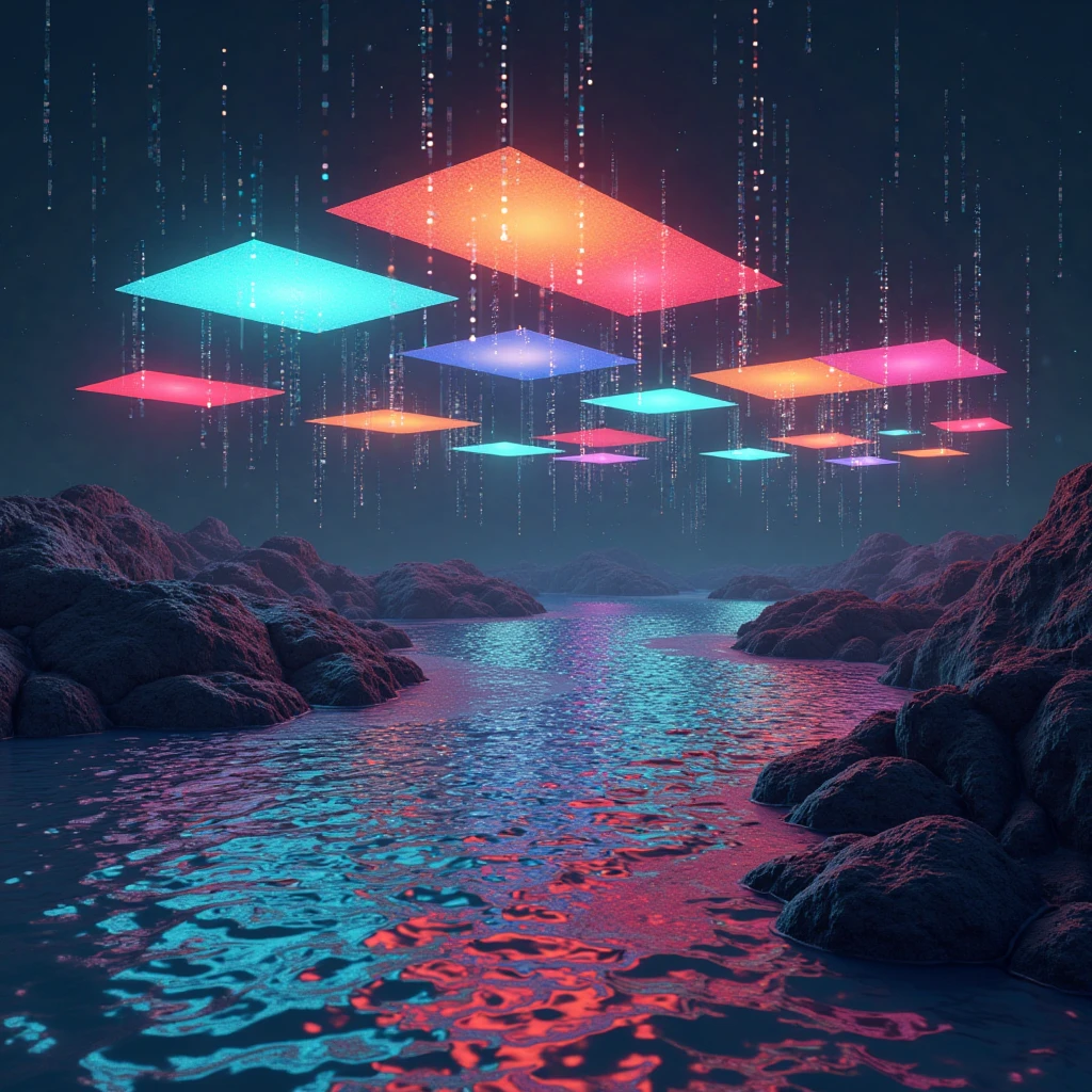 A series of floating color planes forming a “thought bridge” over a binary river – symbolizing human ideas traveling securely through digital infrastructure, sharp shadows and glowing edges