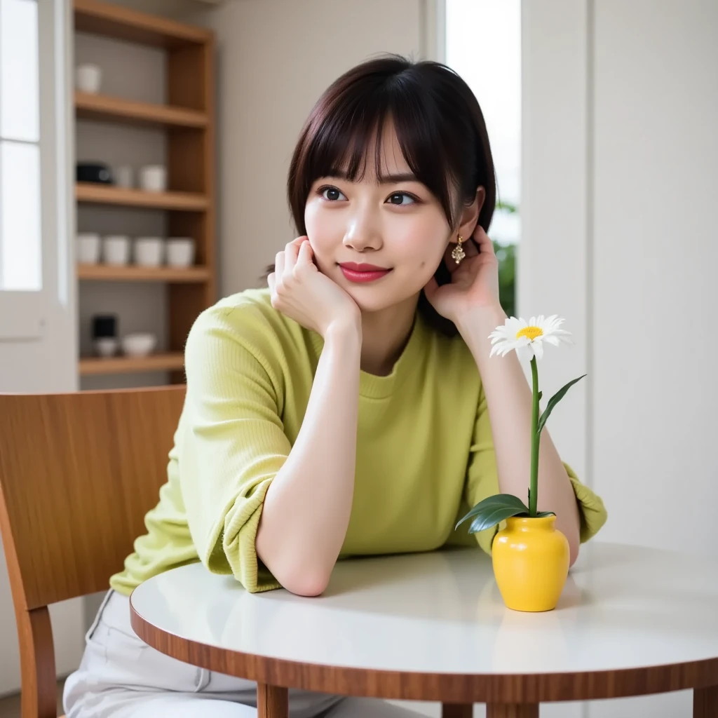 kanemura_miku, The image is a portrait of a young woman sitting on a window sill. She is wearing a yellow striped dress with long sleeves and a round neckline. Her hair is styled in loose waves and she is smiling at the camera. The background is blurred, but it appears to be a bright and airy room with white curtains. On the window sill, there is a yellow mug with a smiley face on it. The overall mood of the image is cheerful and relaxed.