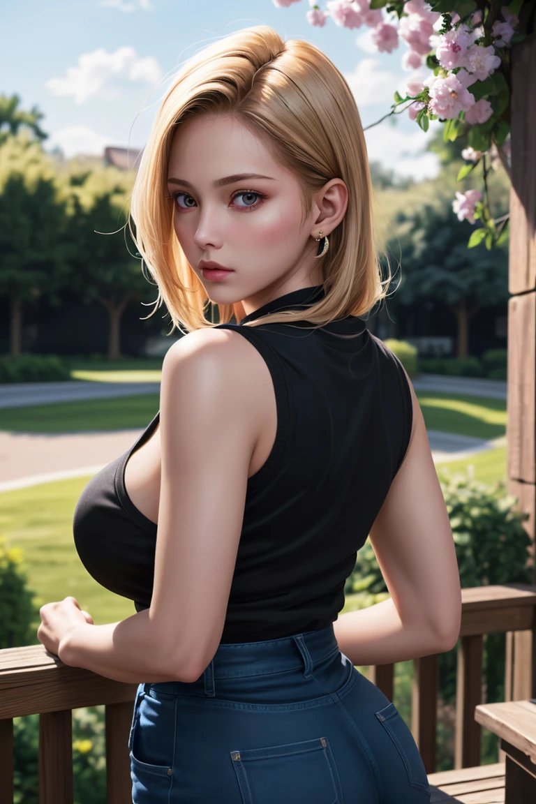 Best quality at best, A high resolution, Number 18, one-girl,Cyborg No. 18, 独奏, eBlue eyes, with short golden hair, thongs, denim pant, pearls necklace, bangle, black glove, white shirt, short detailed hair, short- sleeved, 耳?????? Ring, blue pants, Open the vest, black tanktop,Large breasts, Lie down, from back, hindquarters. SeaArt 2.1, nsfw 1.5, Hot, ????? Body Details, ???, Boobs ?????, Pussy Naked,