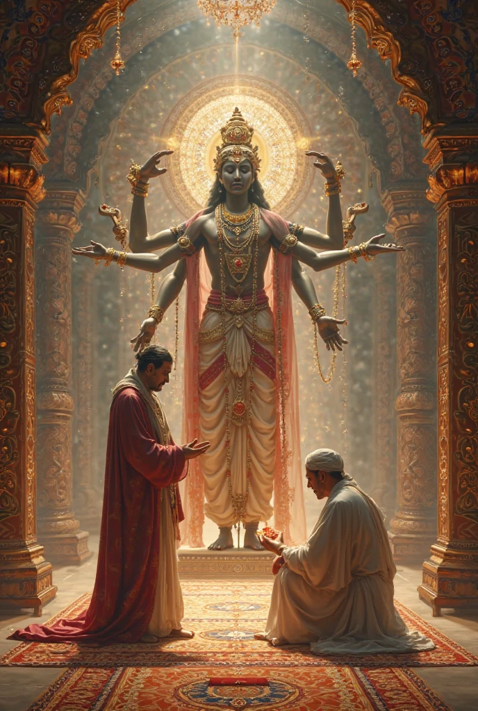 Statues of men and women sitting on red cloth, author:Max Dauthendey, white-haired god, inspired by Kaigetsudō Anchi, 3d statue!!!, attractive male deity, sculpture made of gold, highly detailed sculpture, author:John Ragatta, author:Sasha Putria, Beautiful depiction, Shiva, author:Ron S, hindu art