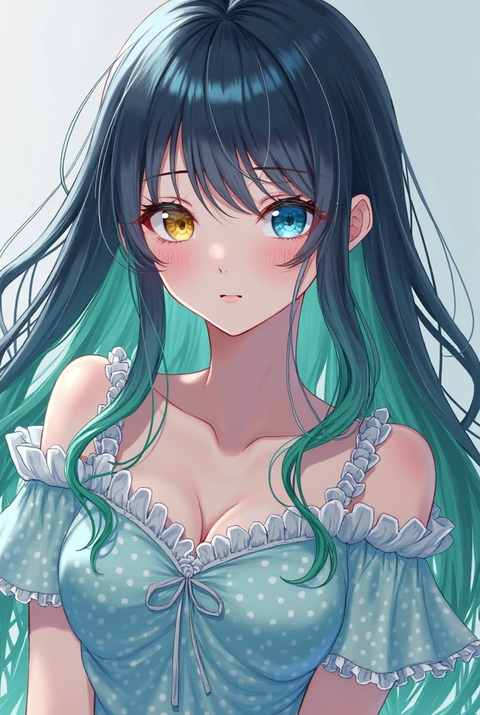 No hero, BNHA, White skin girl, She has loose hair, her hair is long, black hair with mint blue and white tips, mint blue eyes, blushing, dressed in transparent clothing, beautiful, Erotic, anime style image.