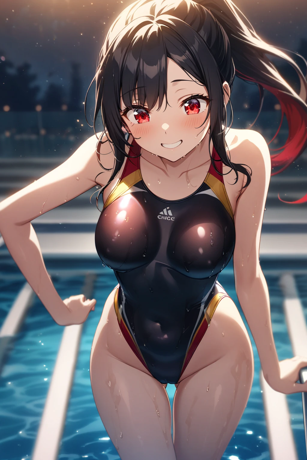 A Masterpiece、beautiful  lighting、Detailed beautiful face、Detailed beautiful eyes、A high-resolution、Ultra-fine illustration、extremely delicate and beautiful、maximum quality、The whole body is shown、(熟女:1.2), solo, 30s,（(dark skinned:1.5)), (Black hair, blunt bangs ,a ponytail,Red eyes),, Curvaceous, (lustrous Some hair, shiny eyes, shinny skin), laugh, a smiling look, (Radiant skin:1.2), 、(crouch)、Squat、Open legs、front facing、opening crotch、thighhights、(Covered navel)、pelvic curtain、gloves、Elbow gloves、armpits、a smiling look、black thighhighs、Watch your audience、earings、with arms up、under boob、blushed、perspiration、gemstones、thick thigh、gloves、Bangs、arm behind head、(Competitive swimsuit)、Spread your legs、Parting lips、pantyhose、Blushing cheeks、background a pool、brightly lit、high heels