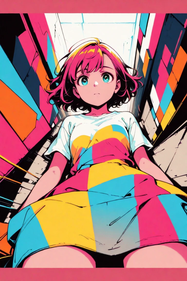 masterpiece, best quality, 2girls, young teen, slim, flat chest, school shirt, (white panties), walk the park, hugging, kissing, love, blush, smile, (wide angle, fisheye), (view from below), summer, vibrant colors, psychedelic, soft light, bright, anime minimalist, watercolor