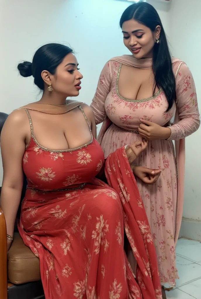 Two beautiful poor married women(two Indian) mother (busty, very large enormous breasts, beautiful straight eyes) with very beautiful face, wearing indian night shirt(very deep low neck,). Relaxing and sleeping on bedand showcasing huge breasts with huge cleavage. Sleeping on bed, Perfect finger anatomy, Old clothes, saggy breasts, natural breasts, real skin, Long exposure. Full body photo.