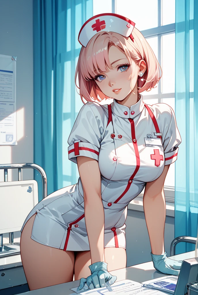1girl, solo, nurse, nurse cap, white wear, ((white legwear, zettai ryouiki)), white gloves, pink hair, green eyes, drooping eyes, smile, standing, ((hospital room)), sharp outline, short sleeves, best quality, masterpiece