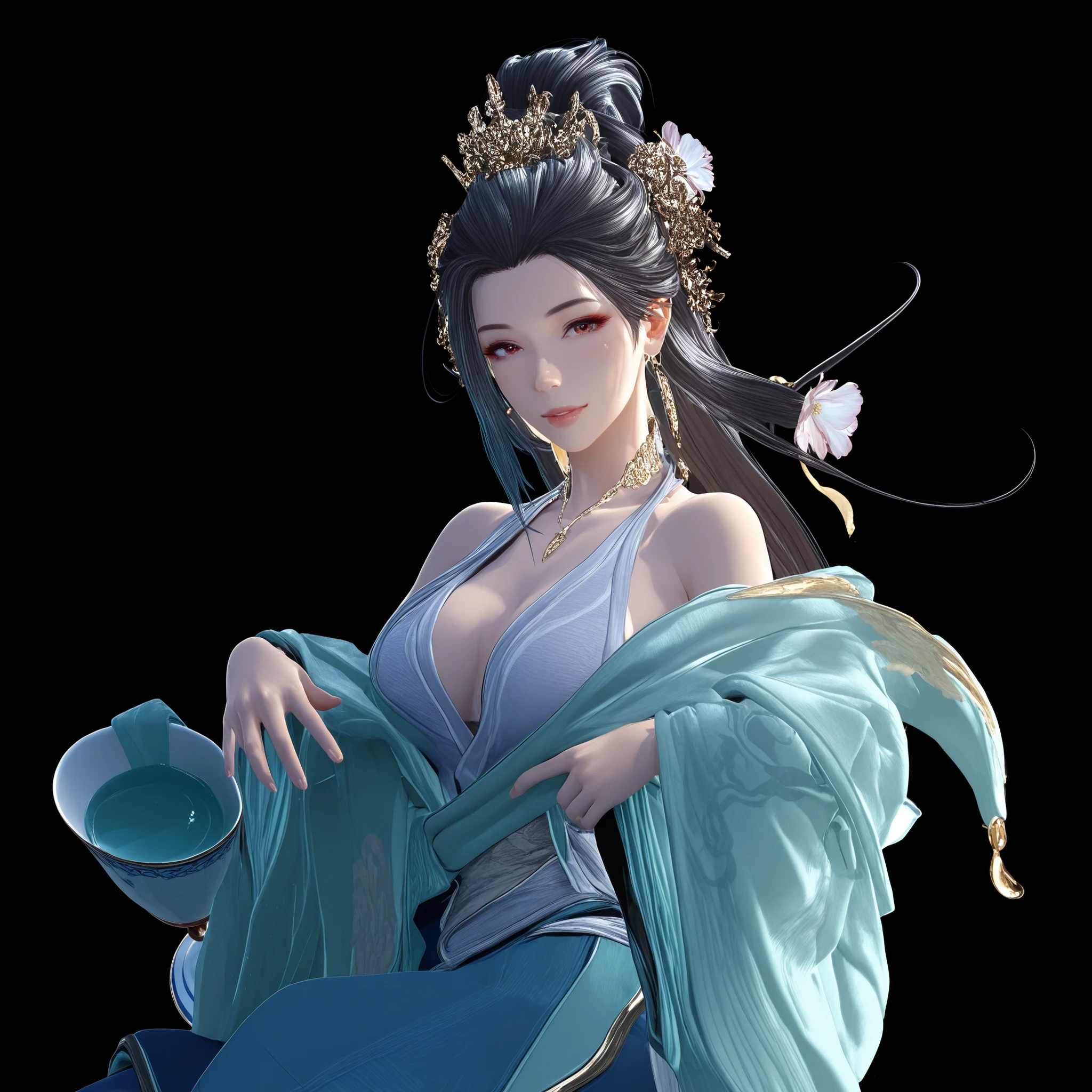 Front view of a woman,Extra large cup, are perfectly detailed,has exquisite facial features, Clothes are exquisite , Game Character Design ,3D Rendering