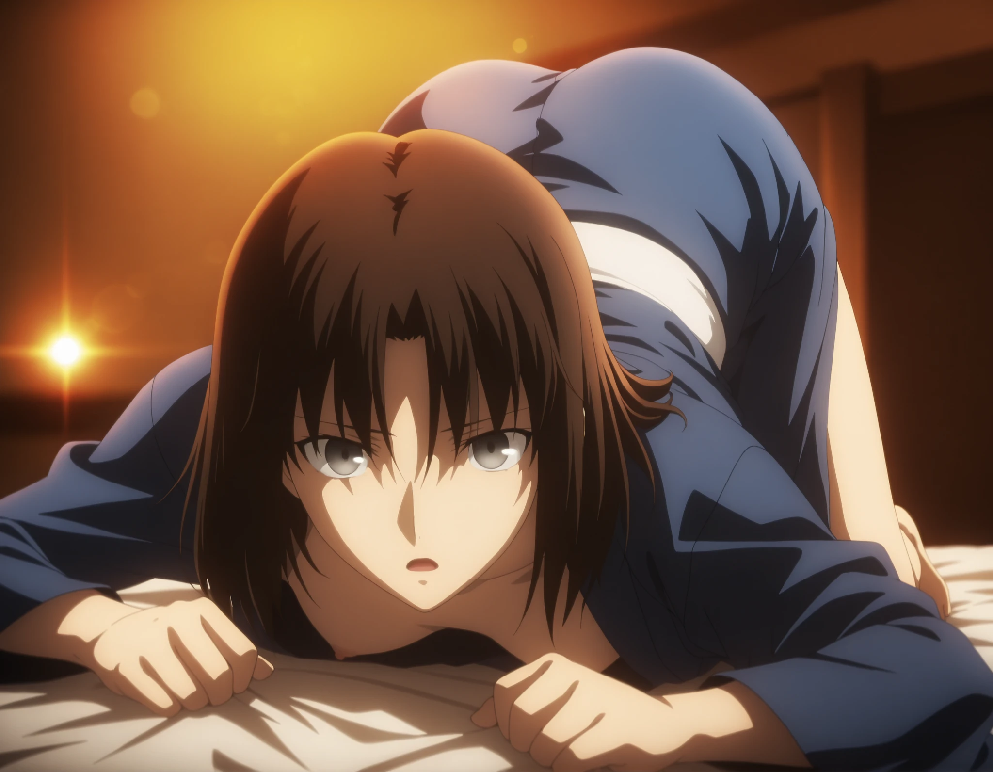 masterpiece, best quality, amazing quality, highres, absurdres, very aesthetic, high resolution, ultra detailed, perfect details, solo, midnight, indoors, ufotable style, (room, ), sunset, (lens flare, blurry background, ), backlight, face focus,,
1girl, ufotable style, anime style, (anime coloring:1.5), (anime screencap:1.2) , ,(on stomach, top-down bottom-up, on bed ), (, upturned eyes, light open mouth, ), BREAK
girl, mature, slim body, slender body, ,Ryougi Shiki , TYPE-MOON / Kara no Kyoukai , dark brown hair, medium hair,grey eyes,
(show off nipple, breasts out), blue kimono, long sleeves, long kimono, bare thigh, small breasts, flat chest, (looking at viewer), expressionless, aged up ,,