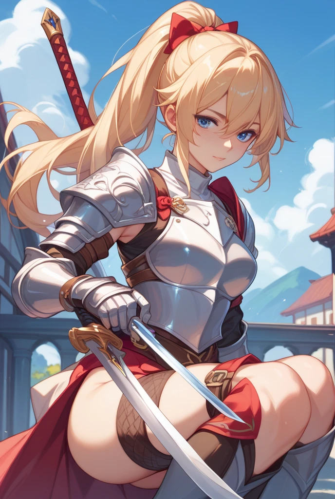 ((masterpiece,Highest quality:1.3,best quality illustration)),cowboy shot,1woman,(Mature Beauty),Female Swordsman、((very small head:1.4)),((ideal ratio body proportions:1.3)),blonde hair,(low ponytail),long hair,bangs,gorgeous eyes,Blue eyes,smile,(White T-shirt、Red pleated mini skirt),(slender body,skinny),medium breasts,gleaming skin,shiny skin,Medieval European Castles、Sword and sorcery fantasy world、